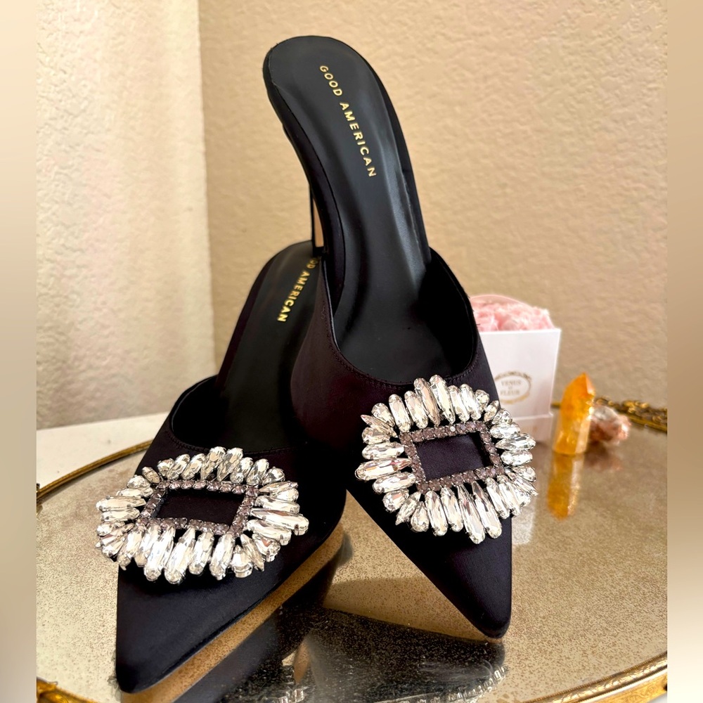 Good American Black Satin Heels with Crystal Embellishments